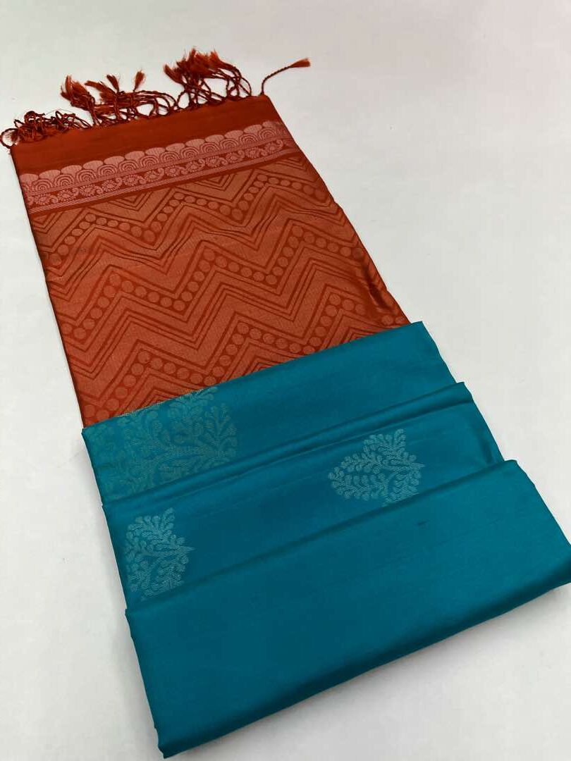 Beautiful Handloom Soft Silk Bhutta saree in Teal Blue with Red Color