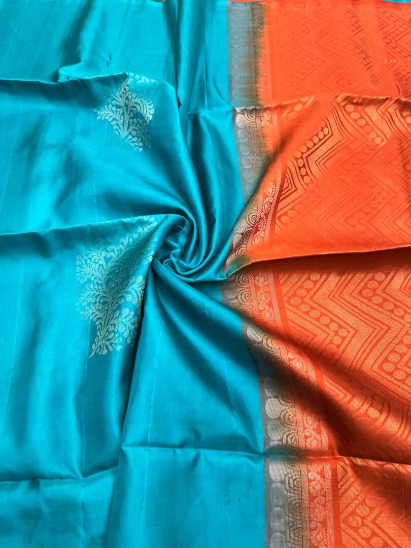 Beautiful Handloom Soft Silk Bhutta saree in Teal Blue with Red Color