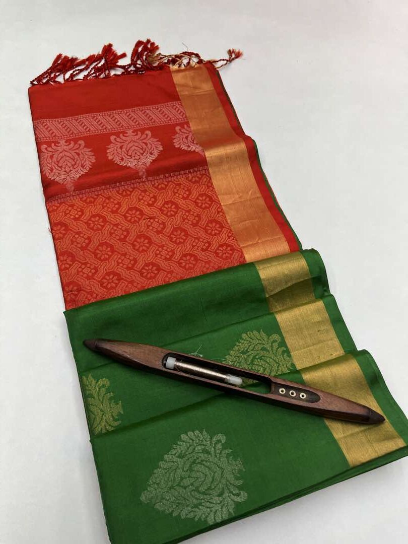 Beautiful Handloom Soft Silk Bhutta saree in Light Green with Red Color