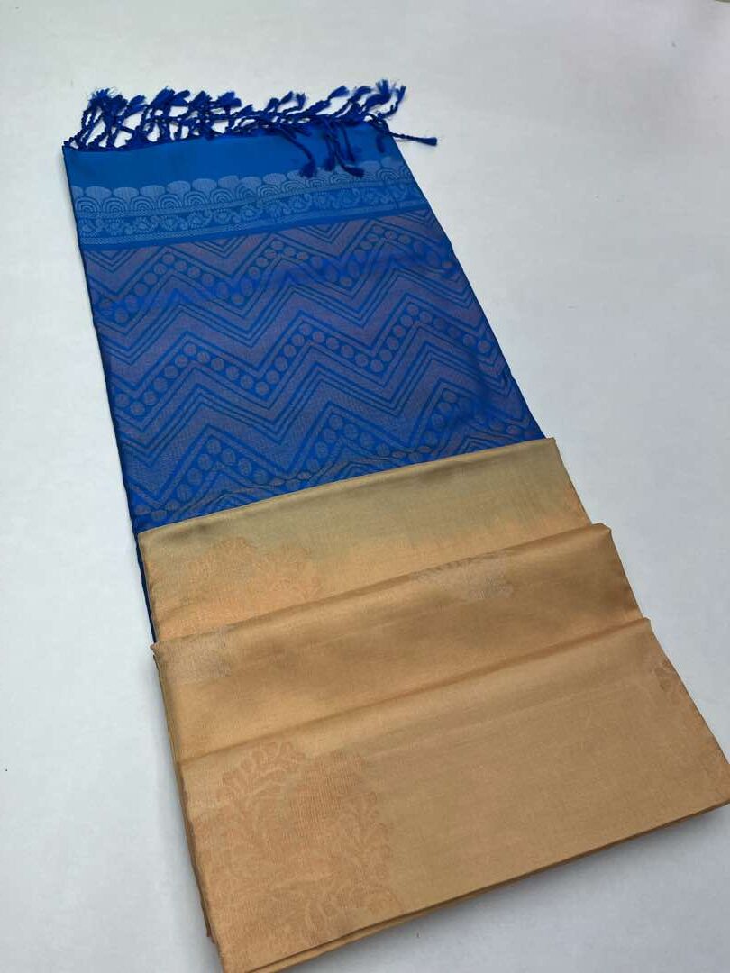 Beautiful Handloom Soft Silk Bhutta saree in Sandal with Blue Color