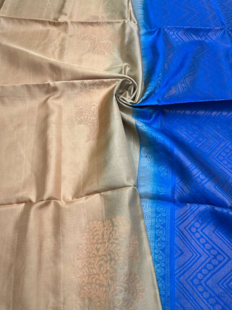 Beautiful Handloom Soft Silk Bhutta saree in Sandal with Blue Color