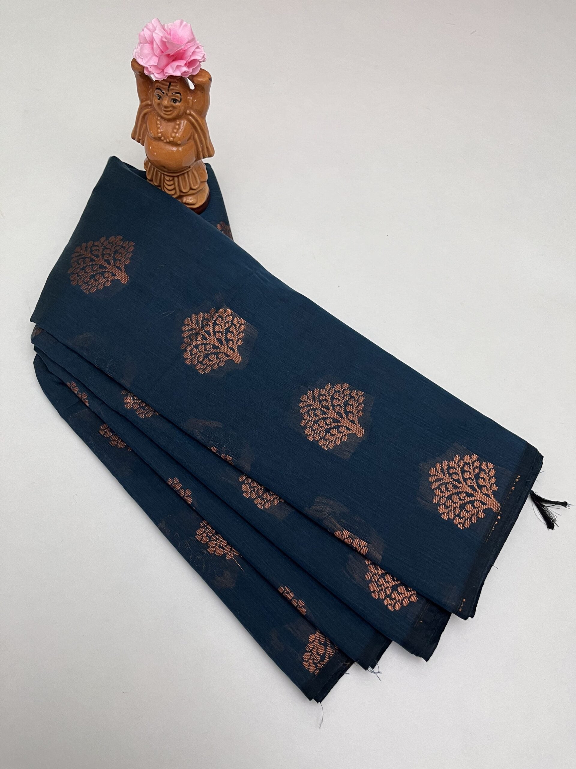 Soft Cotton Bhutta saree in  Navy Blue color