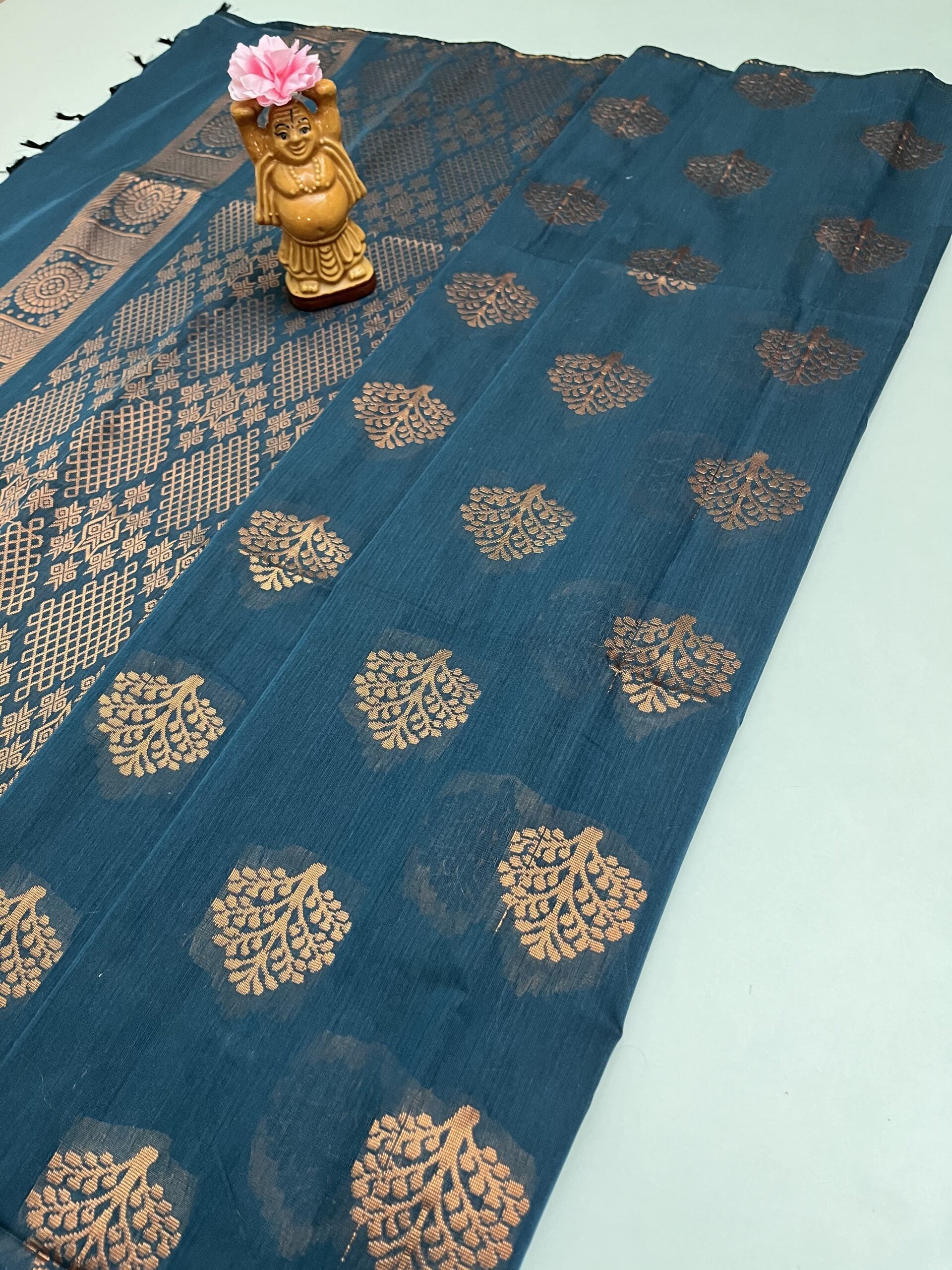 Soft Cotton Bhutta saree in Peacock Blue color