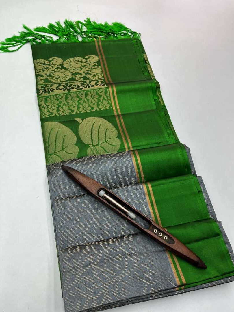 Beautiful Handloom Soft Silk Bridal saree in Metal Grey with Green