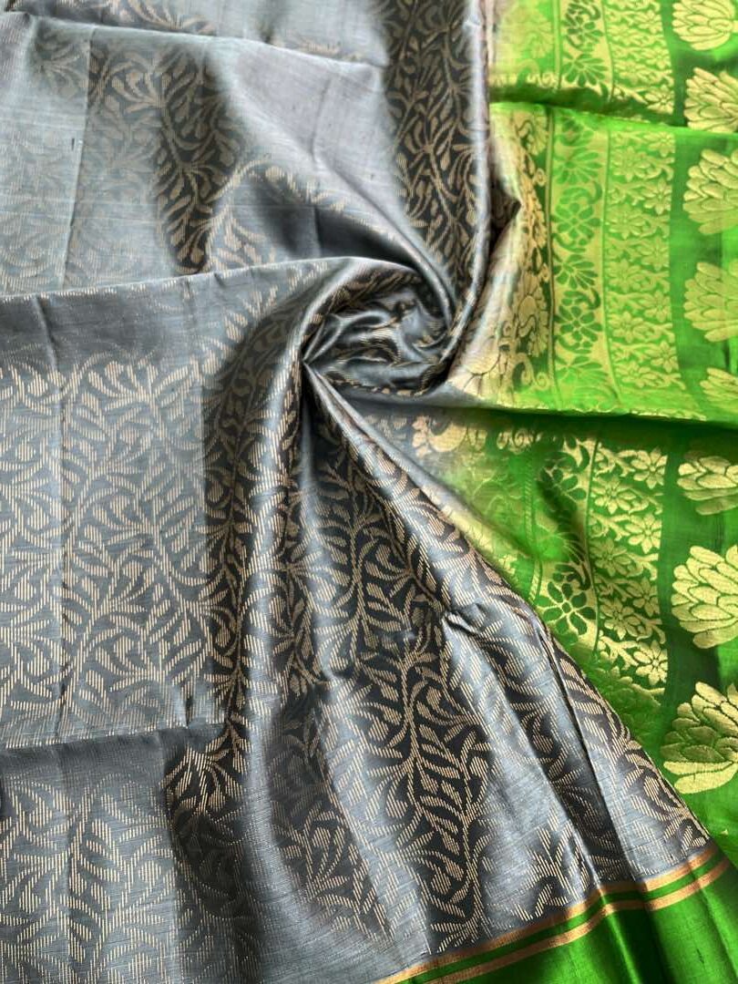 Beautiful Handloom Soft Silk Bridal saree in Metal Grey with Green