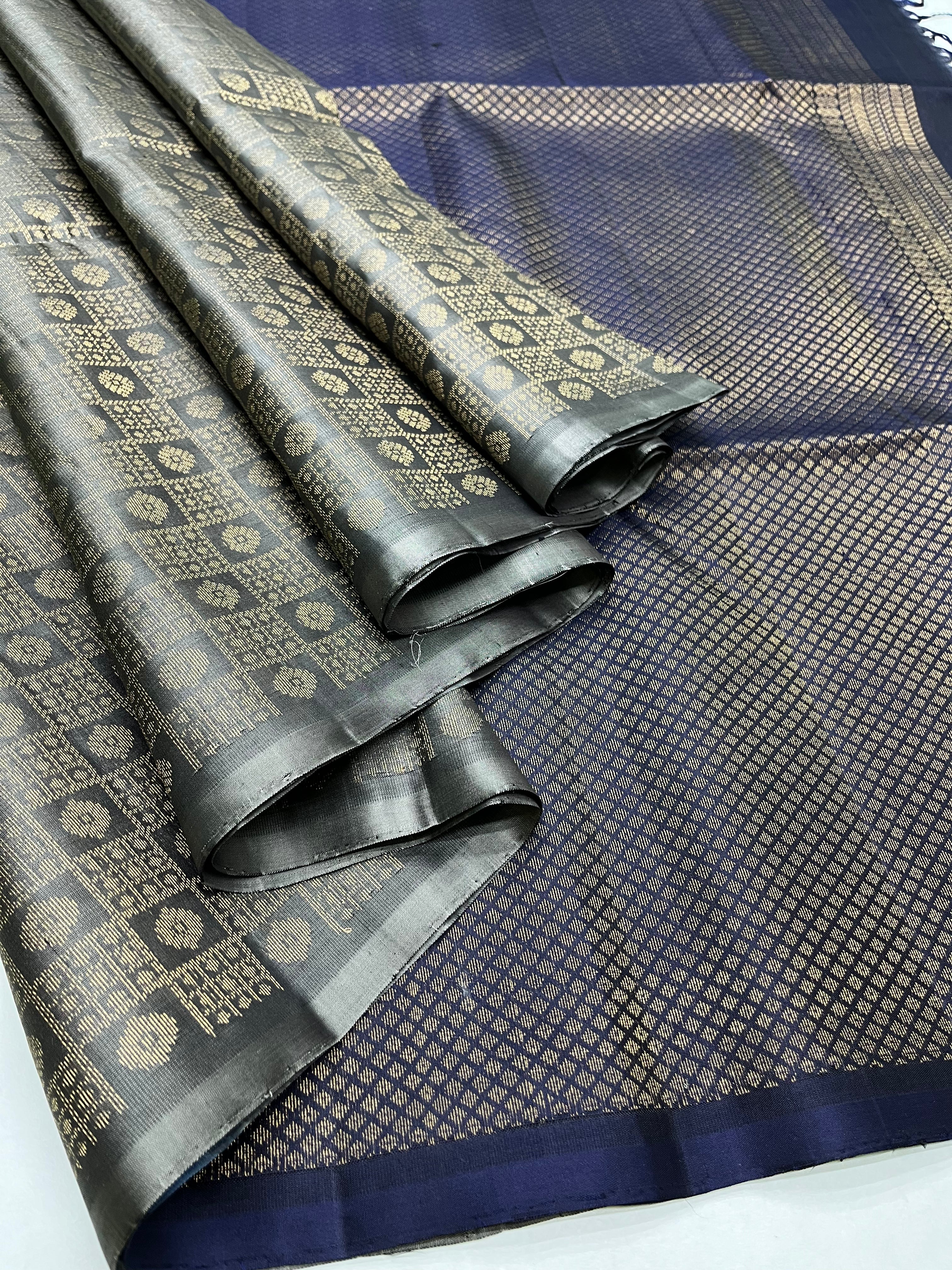 Grey & Blue - Soft Silk Saree