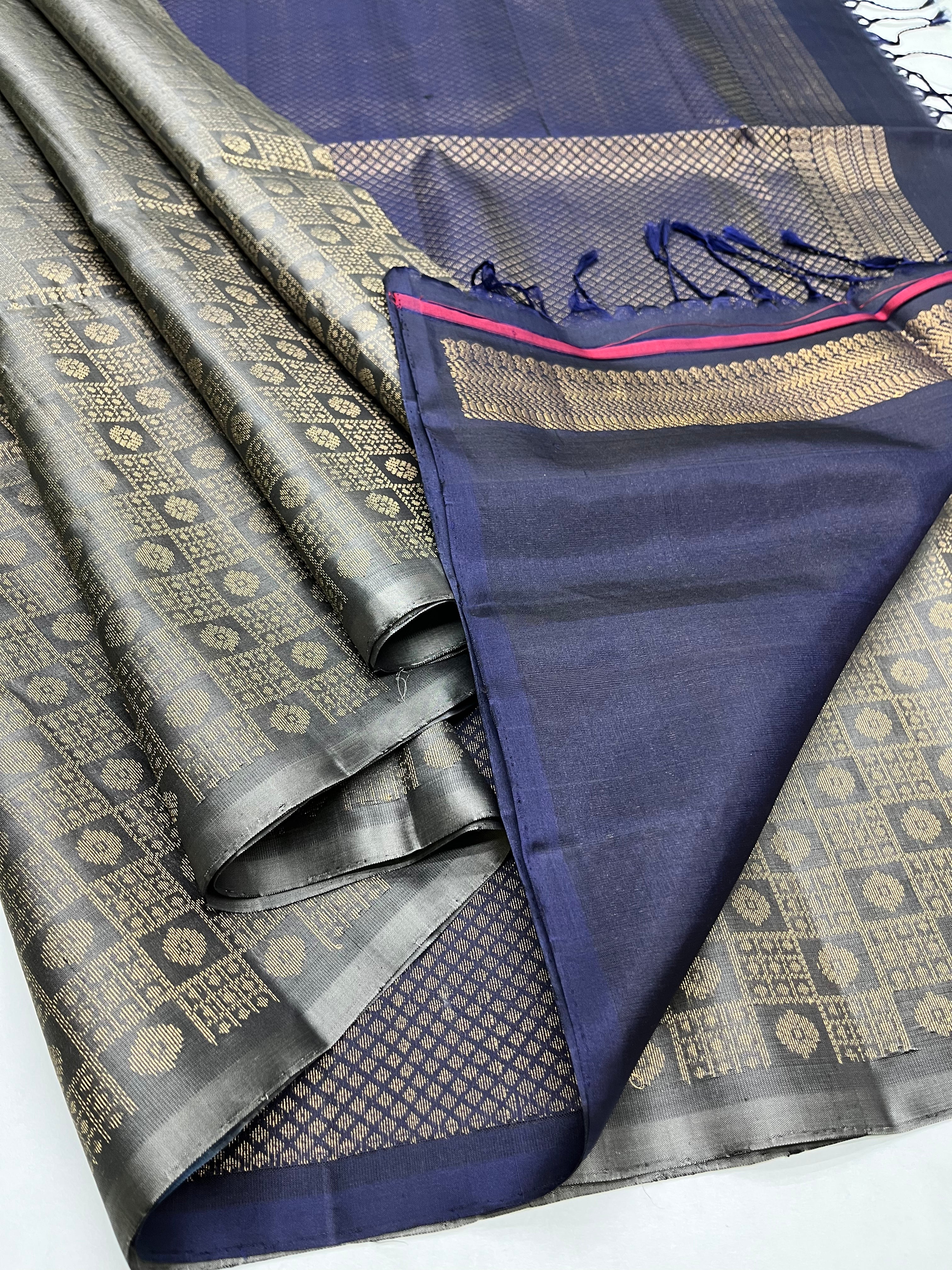 Grey & Blue - Soft Silk Saree