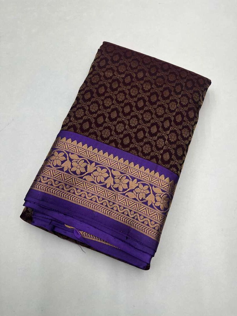 Beautiful Handloom Pure Soft Silk Empose Design Saree in Coffee Brown With Lavender