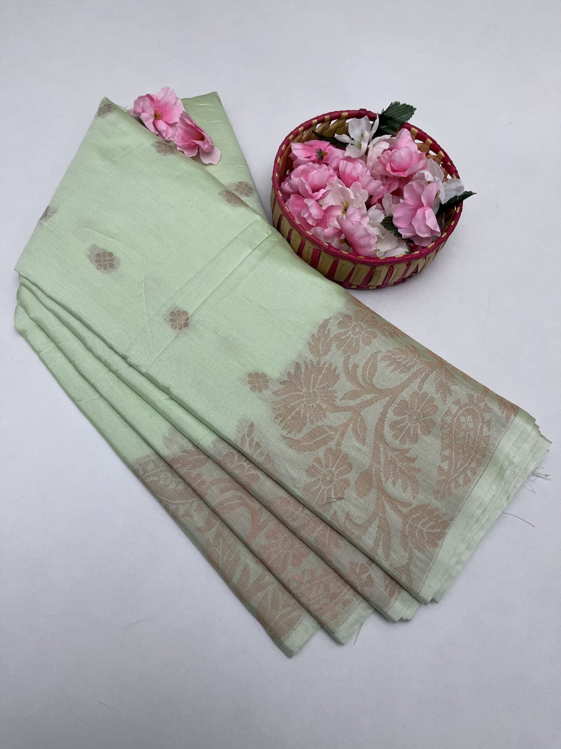 Soft Cotton Double side Turning border saree in Pistha Green