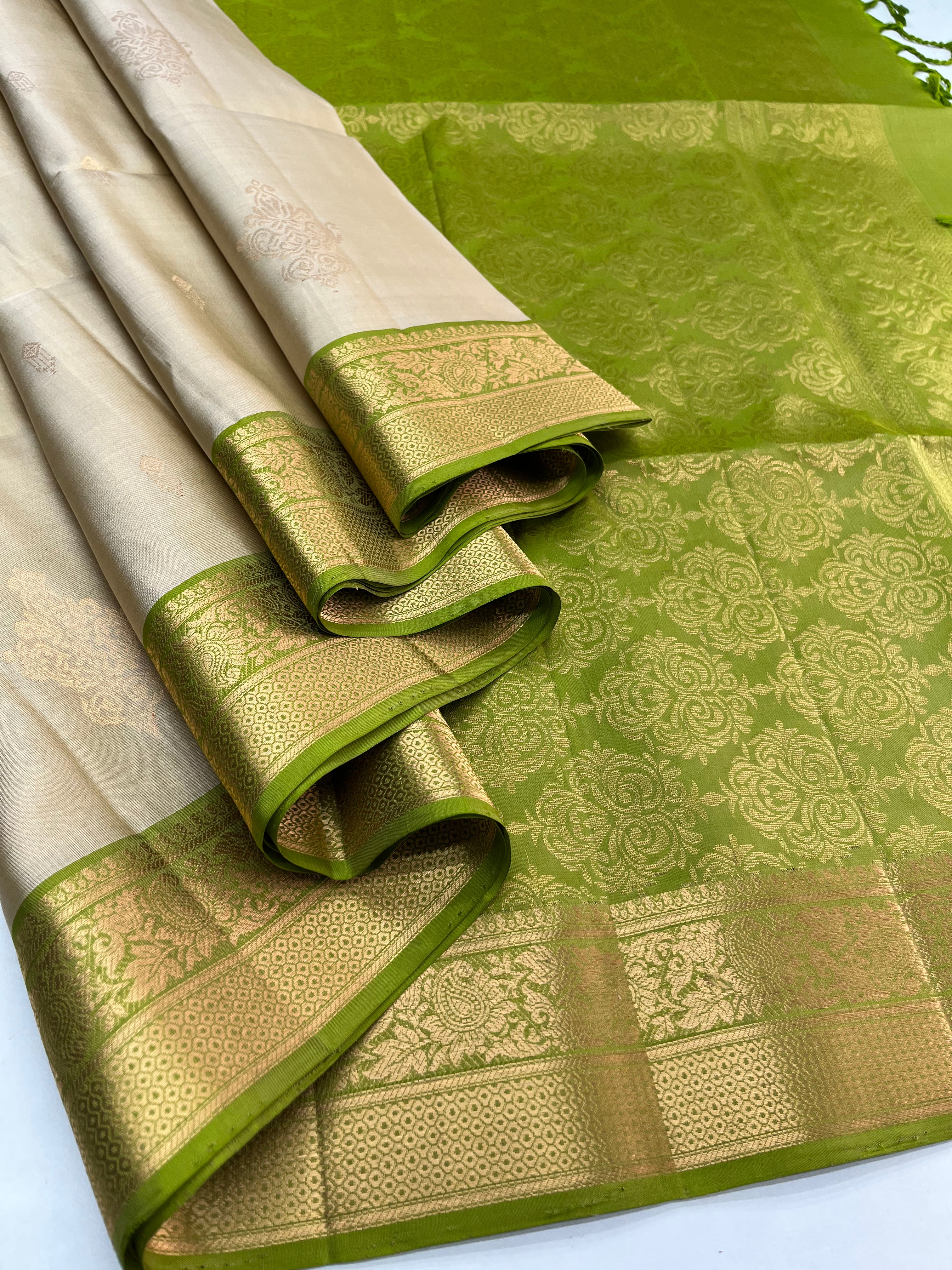 Ivory & Green - Soft Silk Saree