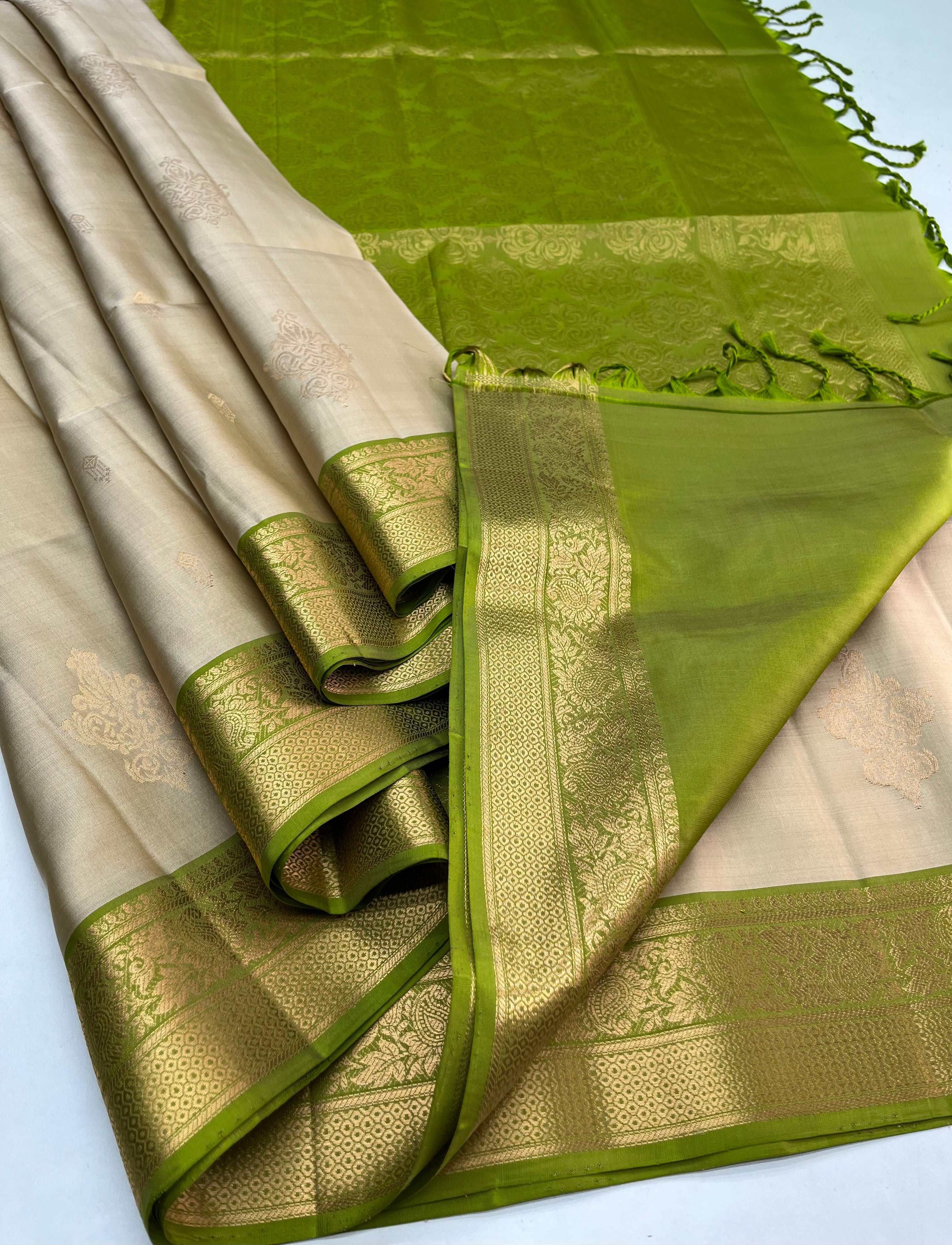 Ivory & Green - Soft Silk Saree