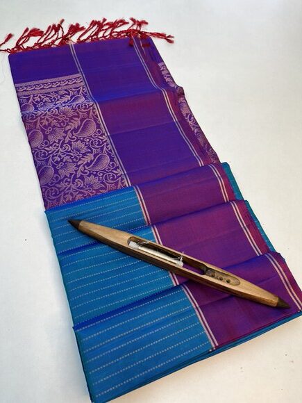 Beautiful Handloom Pure Soft Silk Fancy design saree Metallic Blue with Purple