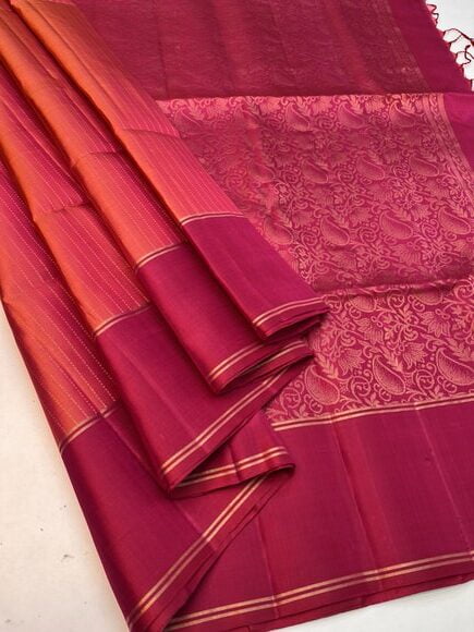 Beautiful Handloom Pure Soft Silk Fancy design saree Orangish Pink with Red