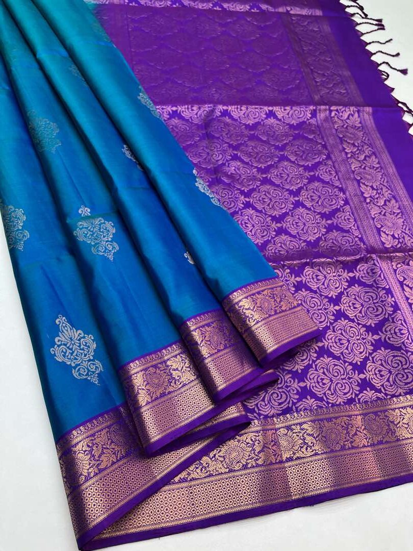 Beautiful Handloom Soft Silk Bhutta saree in Peacock Blue with Purple