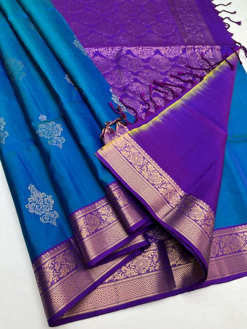 Beautiful Handloom Soft Silk Bhutta saree in Peacock Blue with Purple