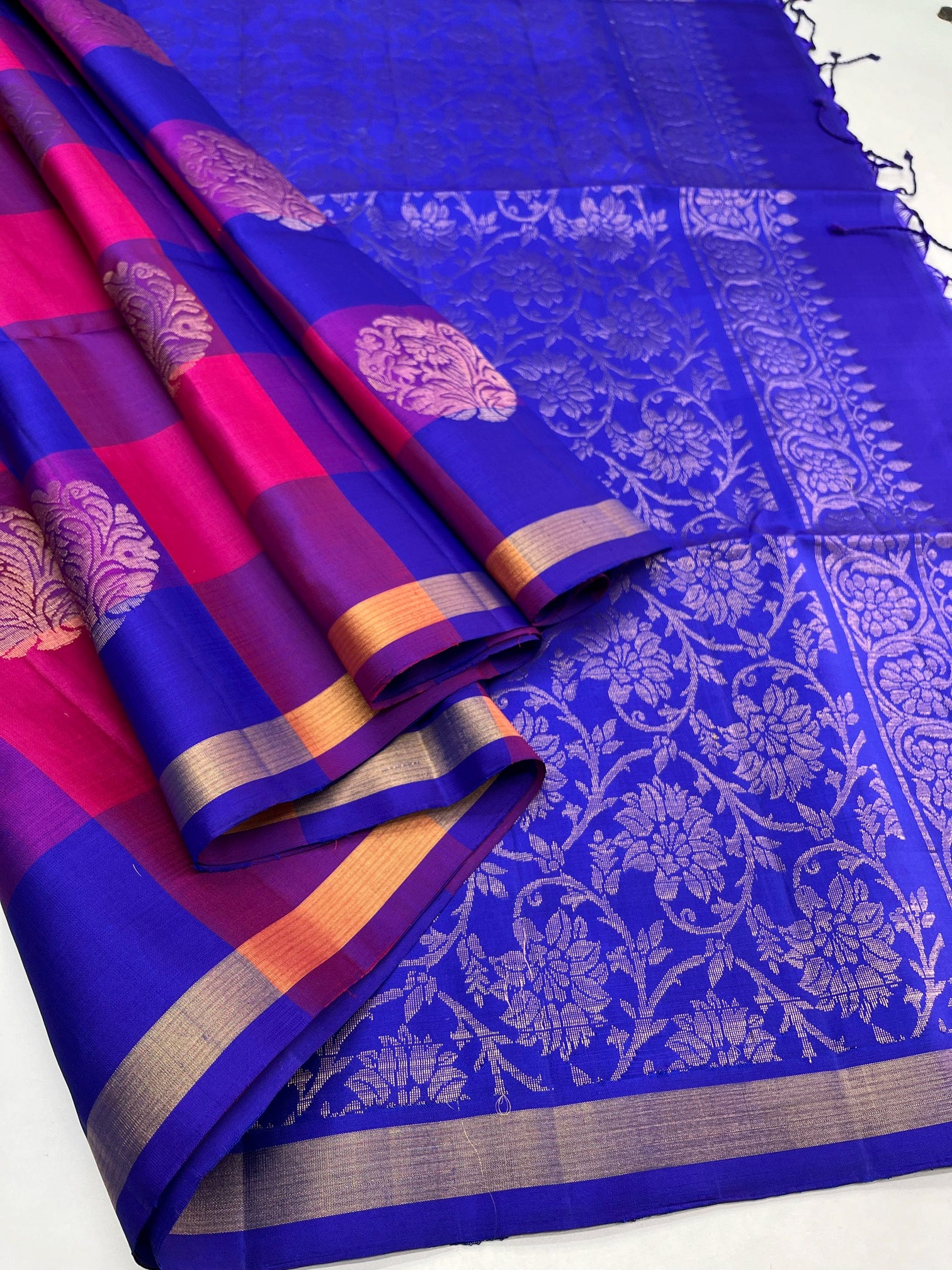 Pink & Blue - Soft Silk Checked Saree