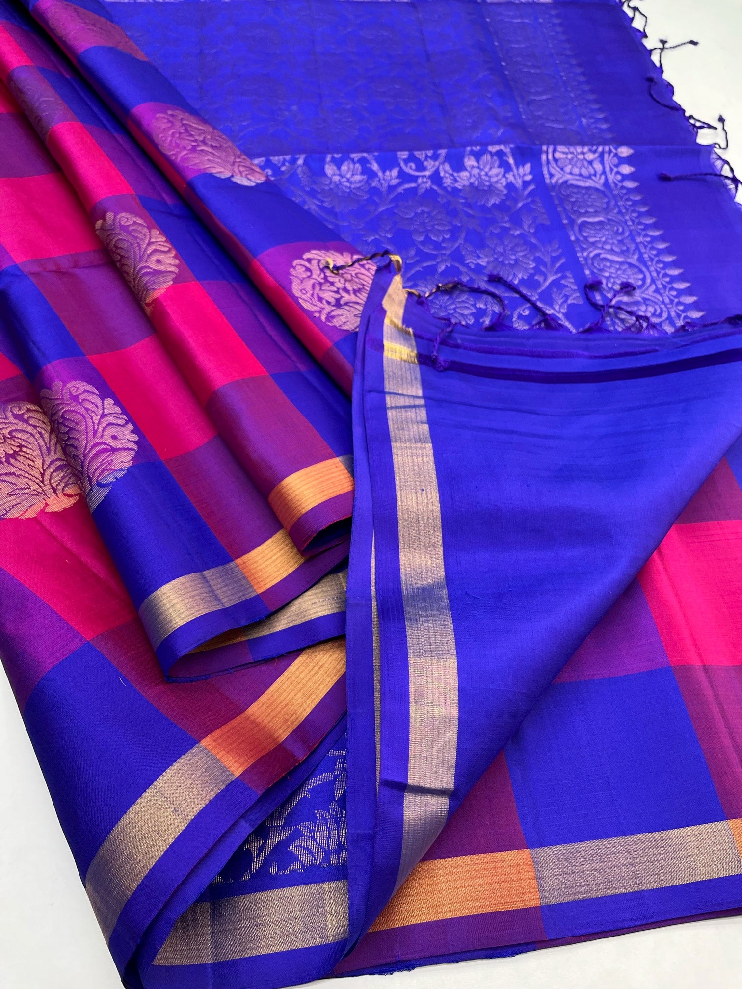 Pink & Blue - Soft Silk Checked Saree