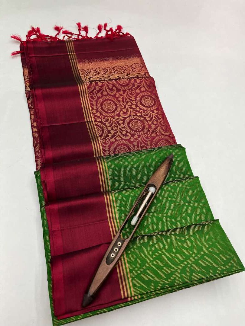 Beautiful Handloom Soft Silk Bridal saree in Green with Marroon