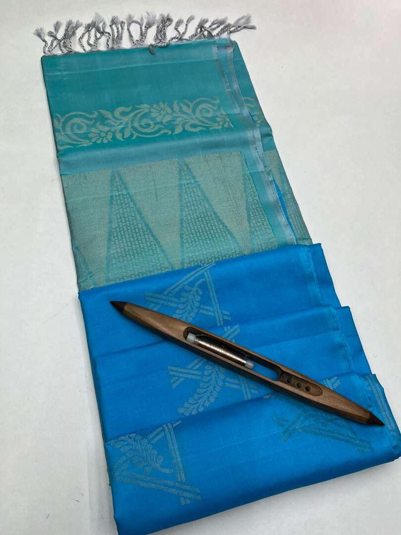 Beautifull Handloom Soft Silk Bhutta saree in Sea Blue with Light Blue