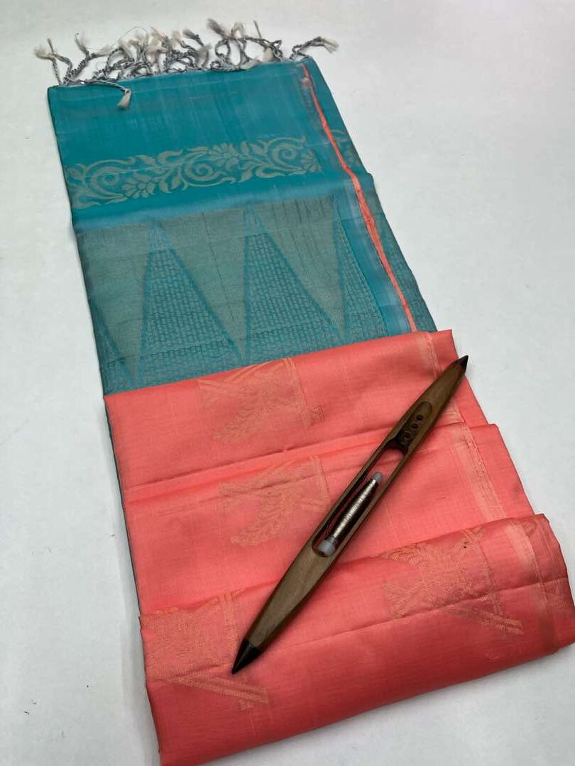 Beautifull Handloom Soft Silk Bhutta saree in Peachish Pink with Light Blue