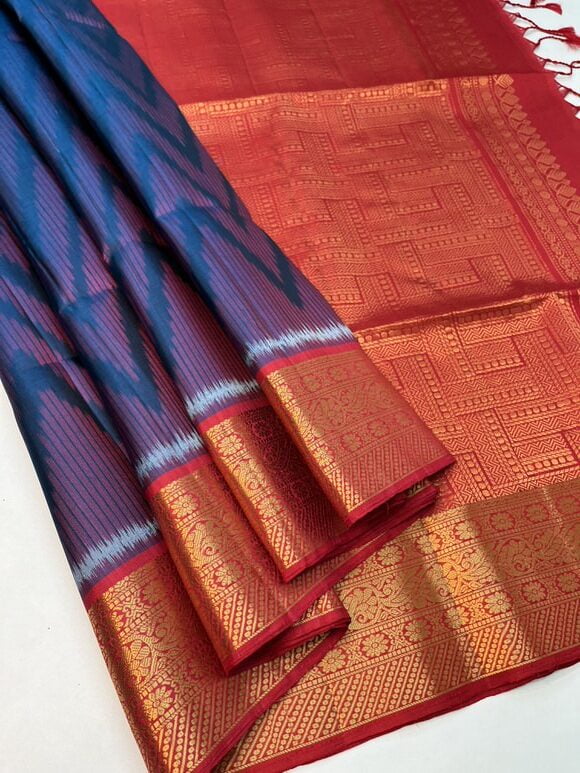 Beautiful Handloom Pure Soft Silk Pochampally Ikkat Jacquard Border Saree Peacock Blue with Red