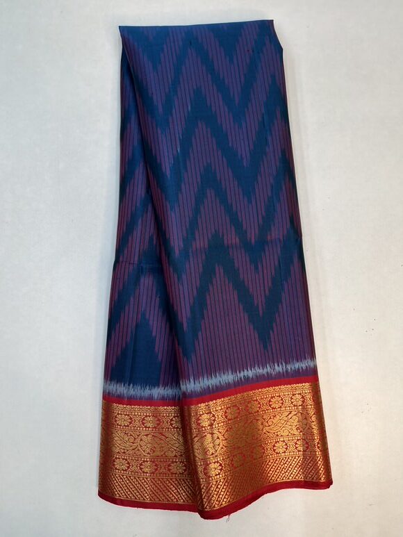 Beautiful Handloom Pure Soft Silk Pochampally Ikkat Jacquard Border Saree Peacock Blue with Red