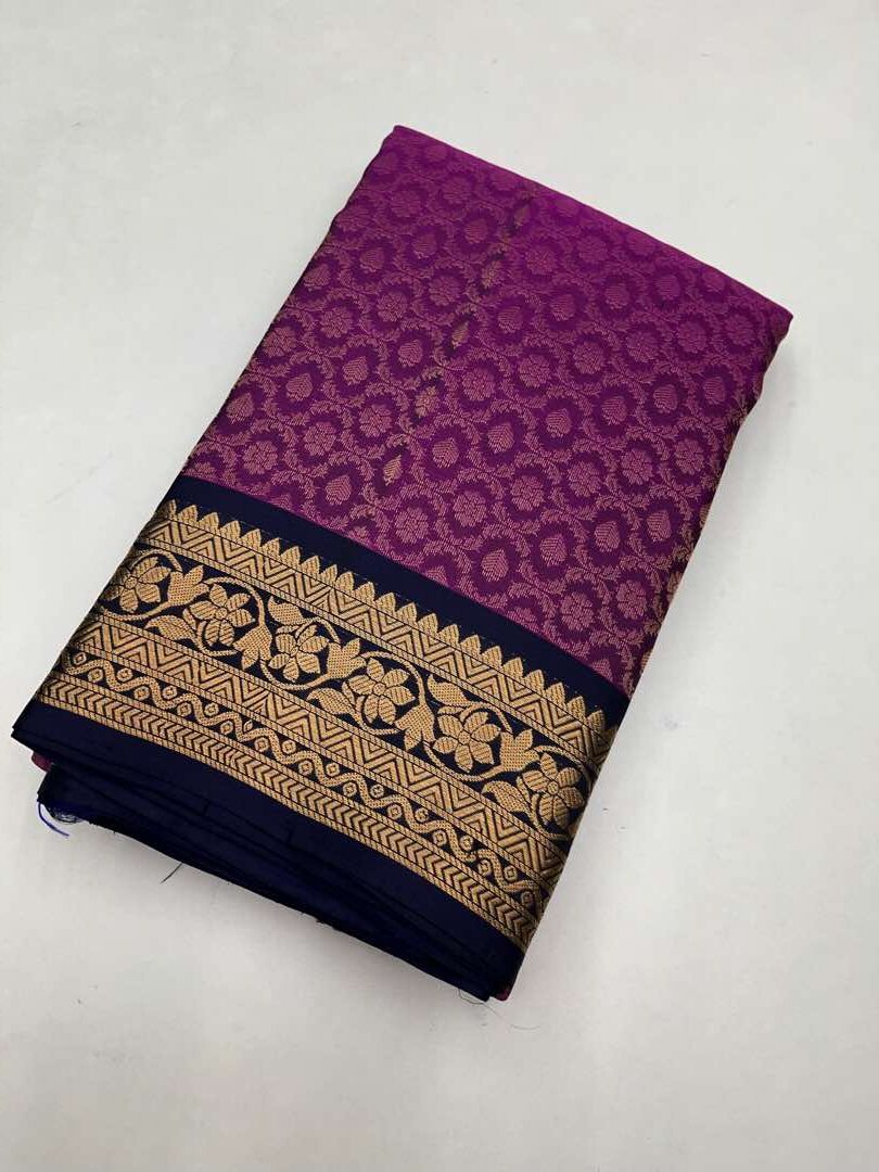 Beautifull Handloom Soft Silk Empose Design saree in Purple with Blue