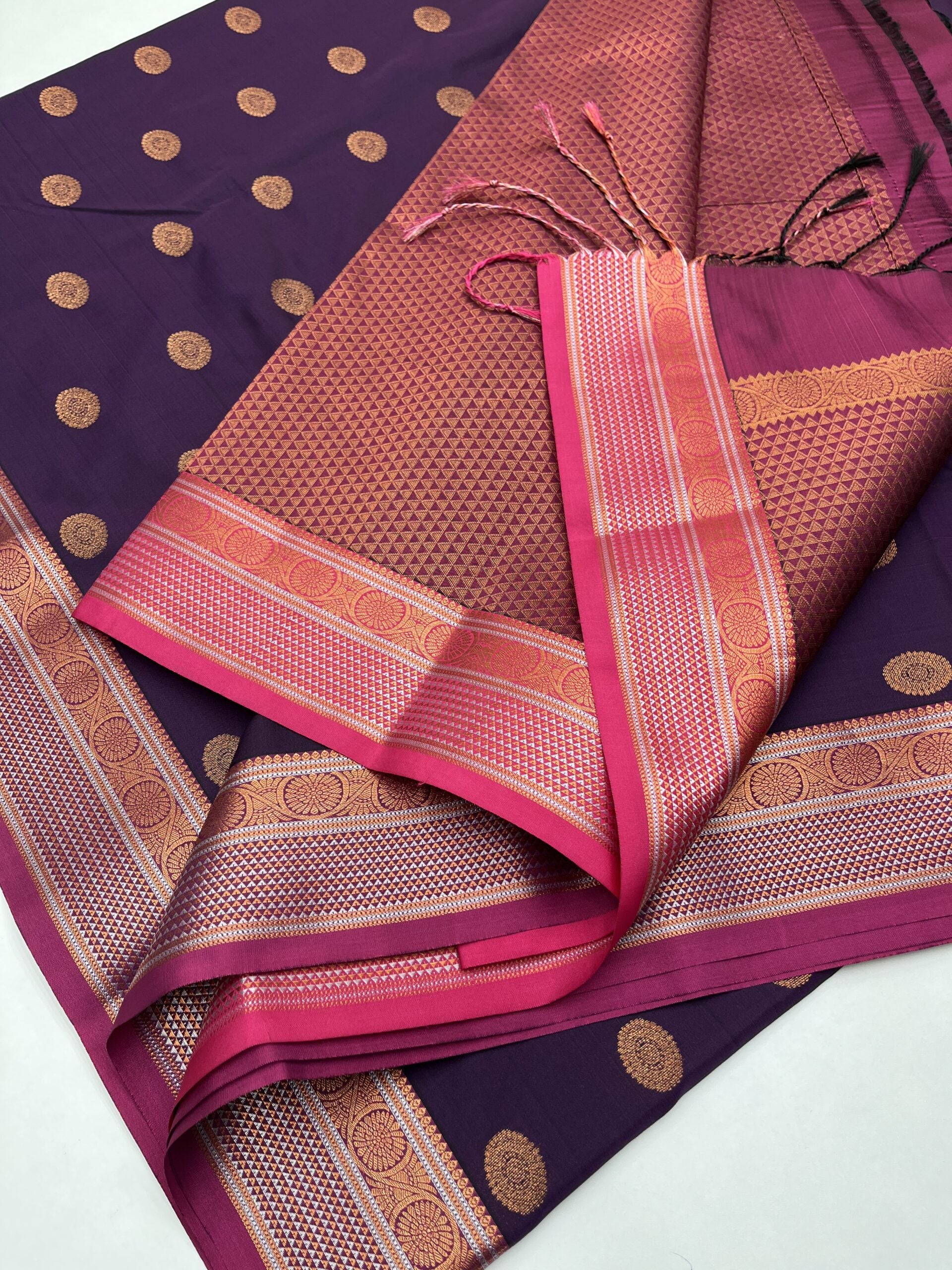 Kanjeevaram Semi silk saree with Jaquard Border in Purple with Pink