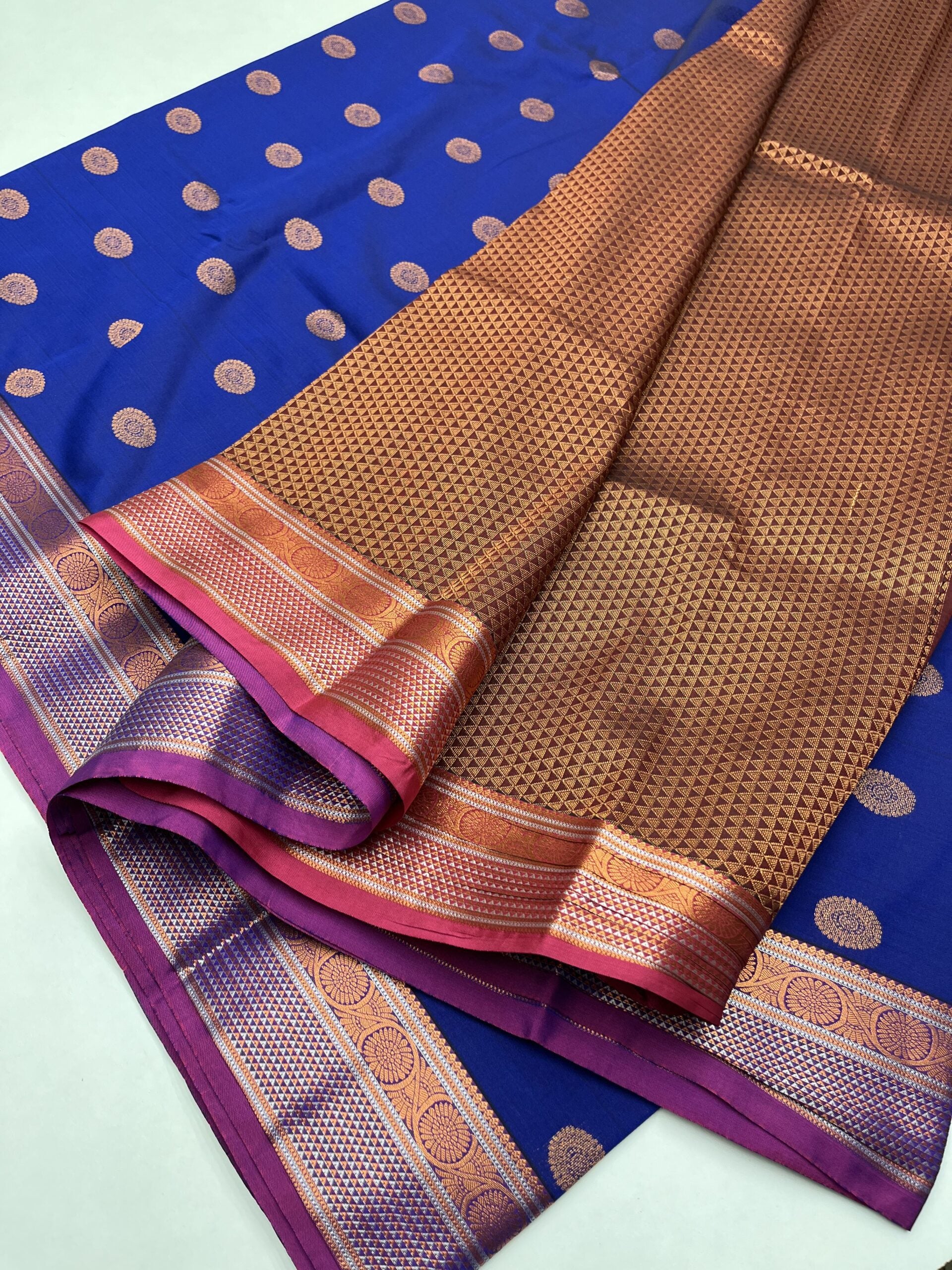 Kanjeevaram Semi silk saree with Jaquard Border in Royal Blue with Magenta Pink