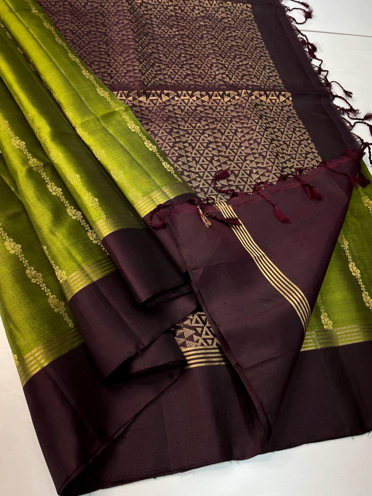 Olive Green & Maroon - Soft Silk Saree