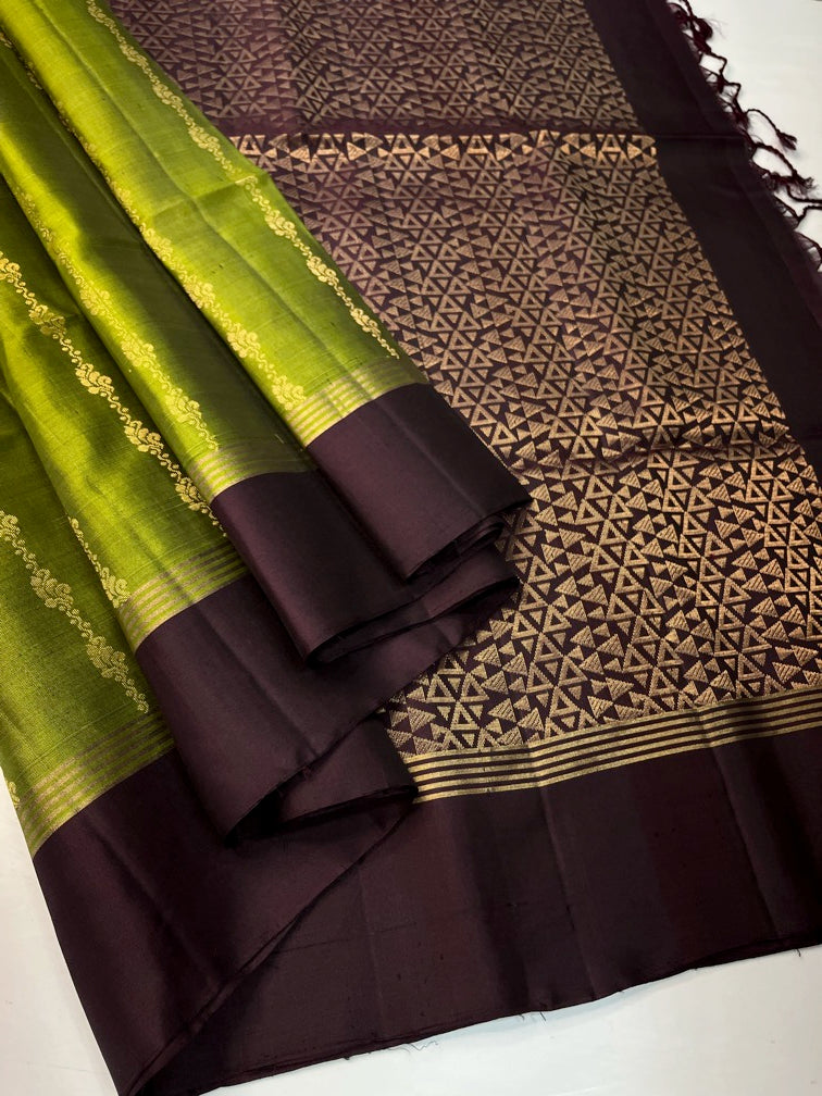 Olive Green & Maroon - Soft Silk Saree