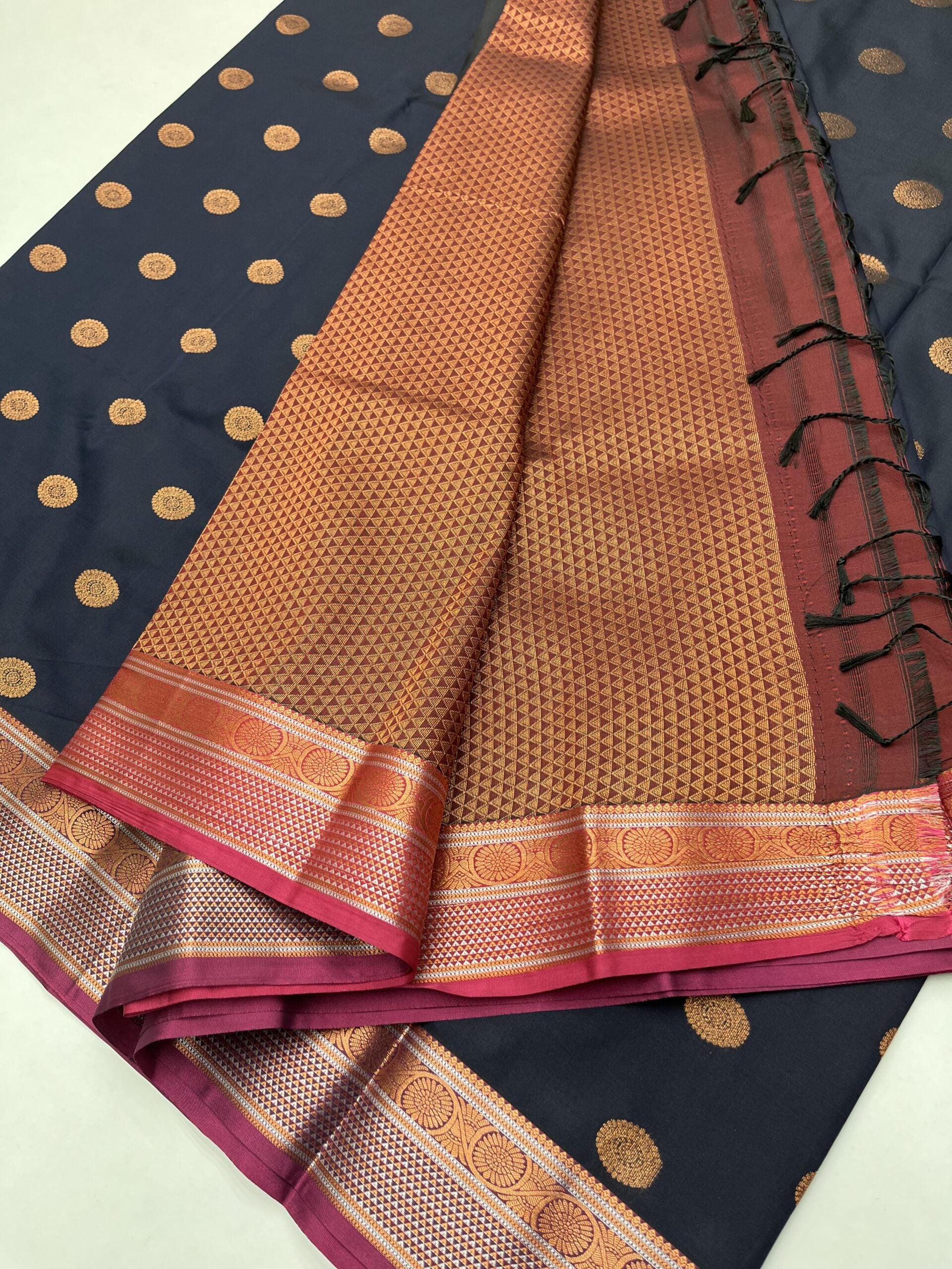 Kanjeevaram Semi silk saree with Jaquard Border in Navy blue  with Magenta Pink color