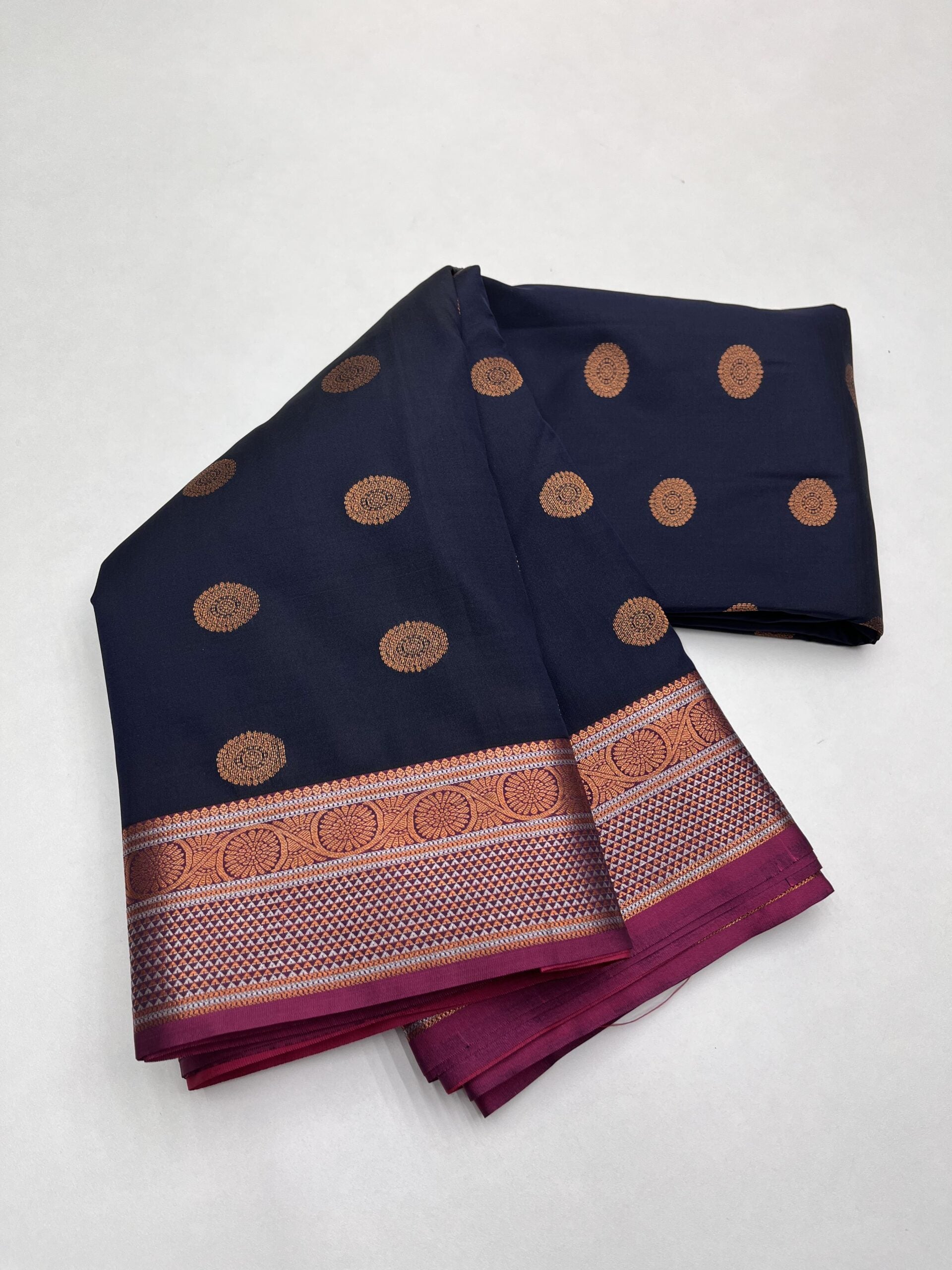 Kanjeevaram Semi silk saree with Jaquard Border in Navy blue  with Magenta Pink color