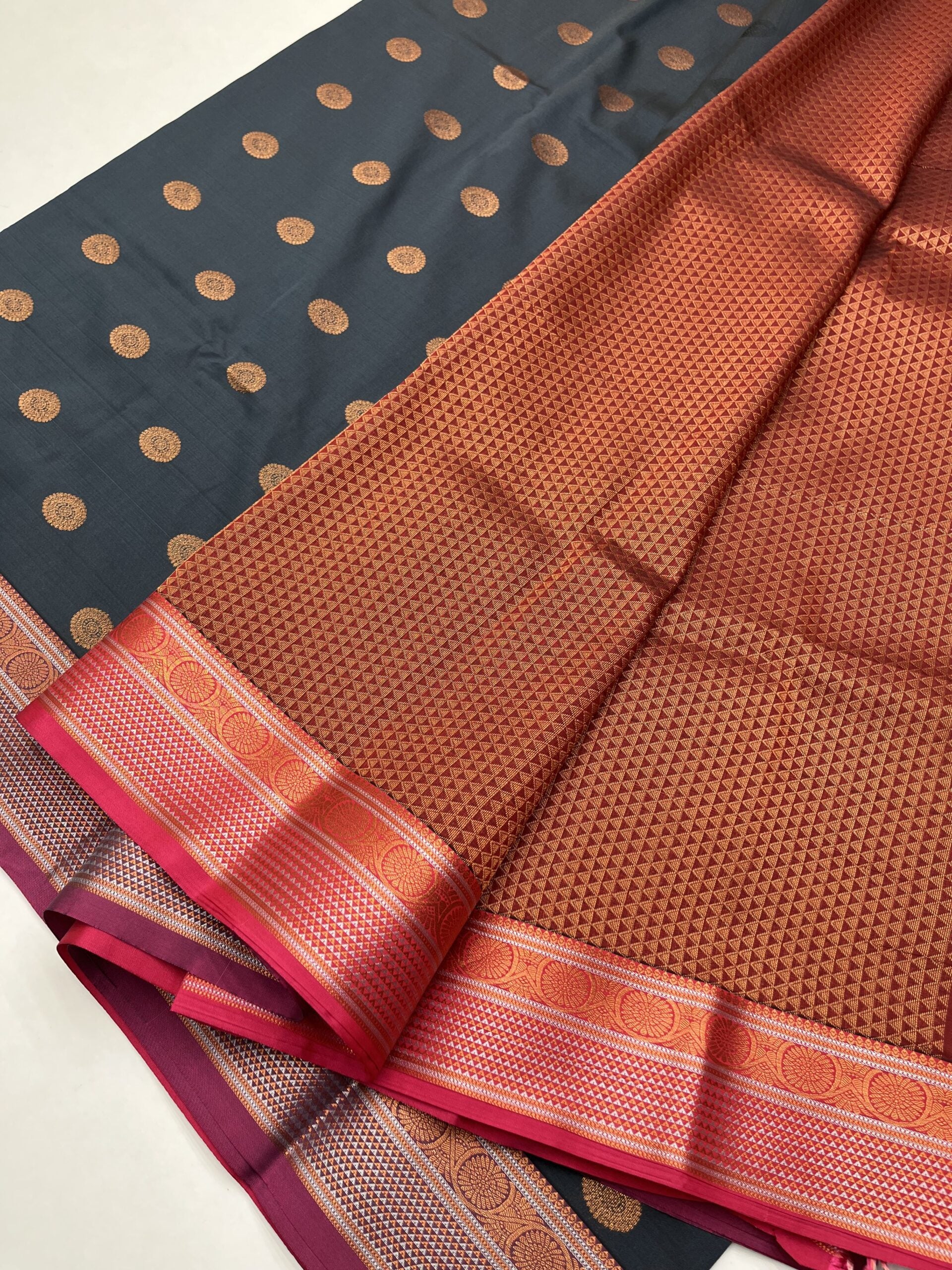 Kanjeevaram Semi silk saree with Jaquard Border in Elephant Grey with Magenta Pink  color