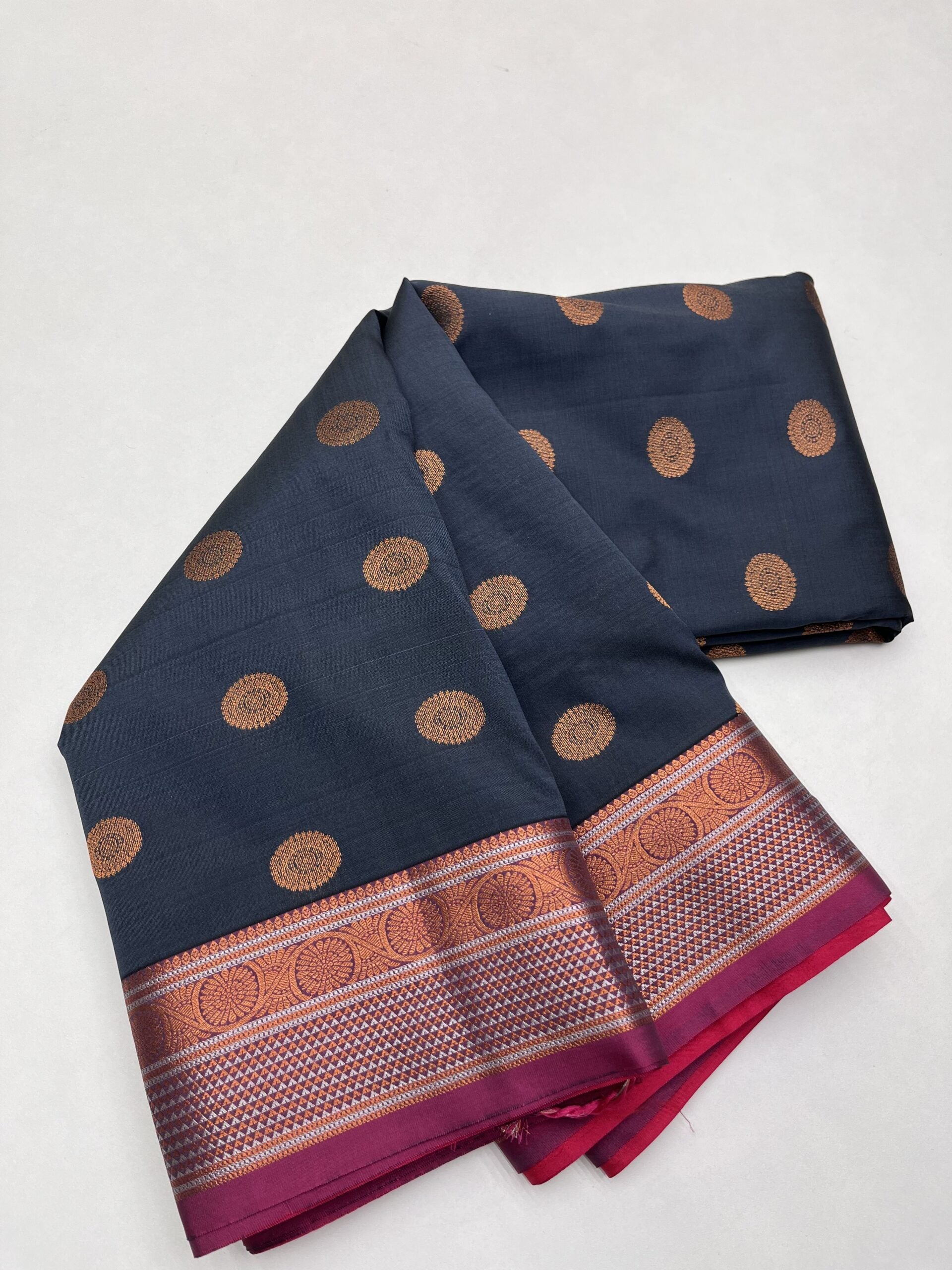 Kanjeevaram Semi silk saree with Jaquard Border in Elephant Grey with Magenta Pink  color