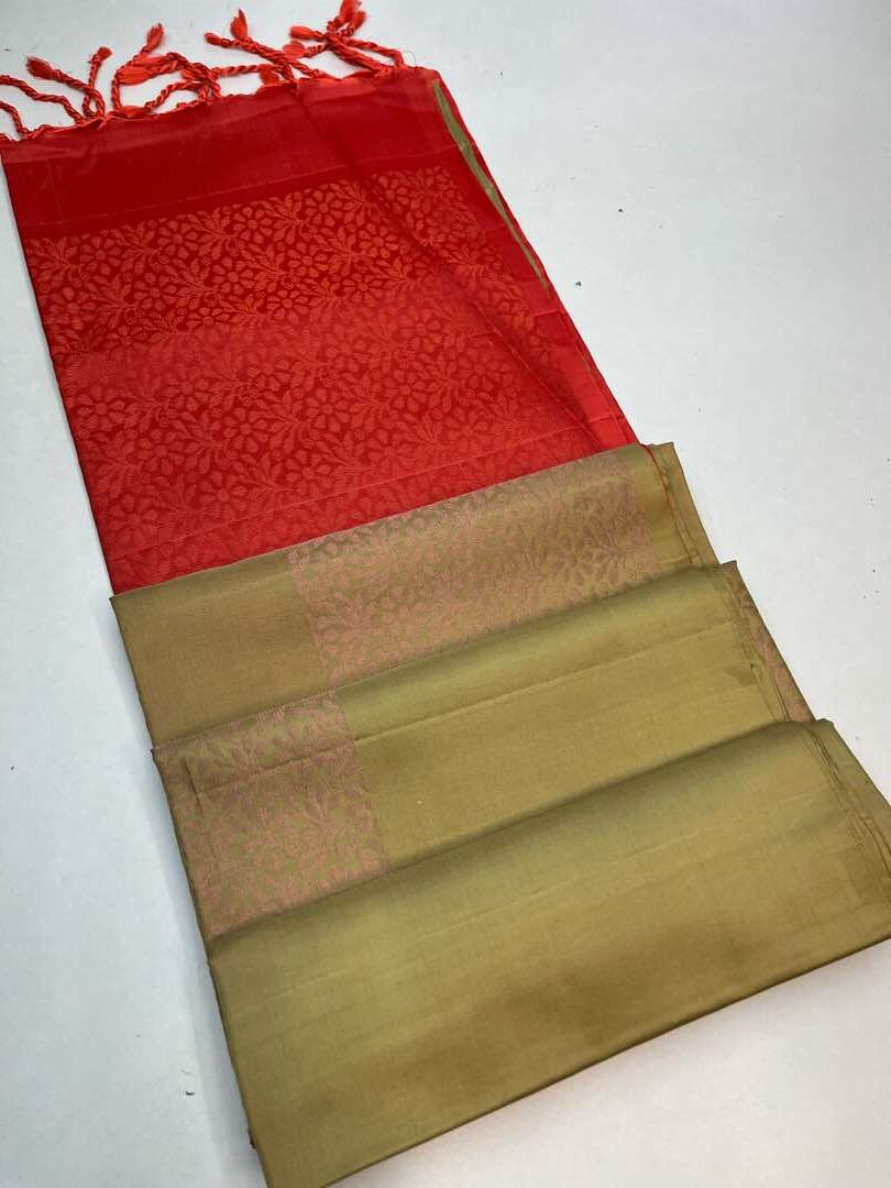 Beautiful Handloom Soft Silk Bhutta saree in Sandal with Orange