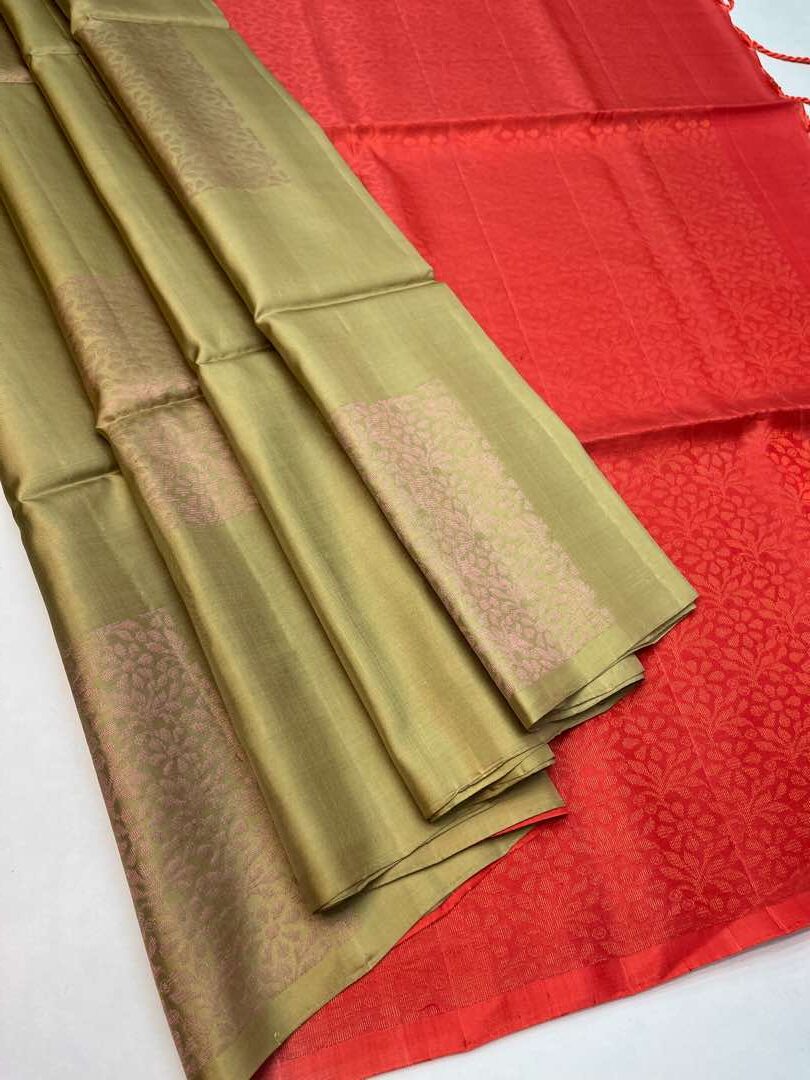 Beautiful Handloom Soft Silk Bhutta saree in Sandal with Orange