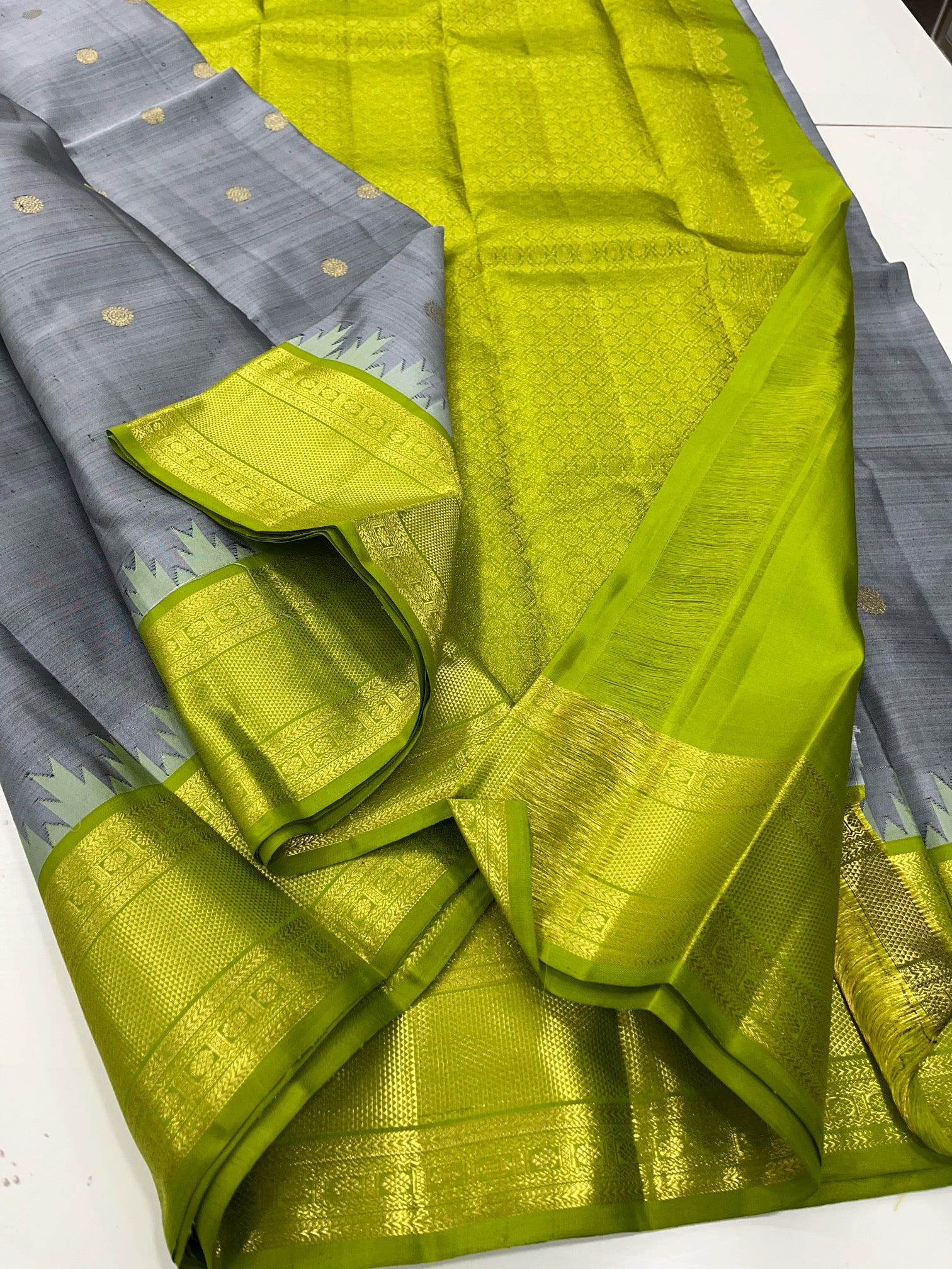 Grey & Parrot Green - Kanjeevaram Silk Saree