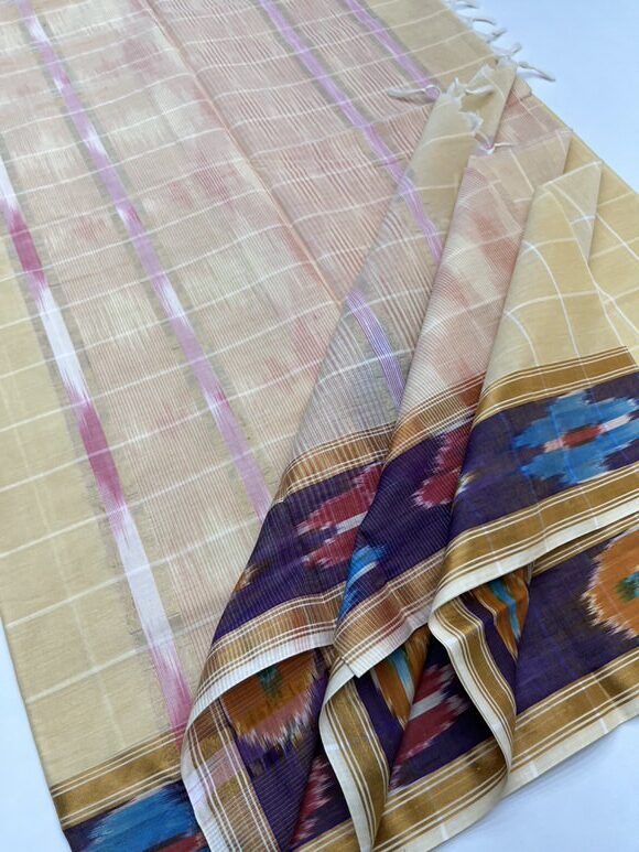 Pure cotton checked pattern sarees with Ikkat border in sandal  color