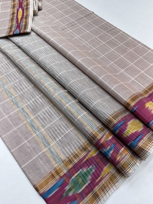 Pure cotton checked pattern sarees with Ikkat border in Half white with Crème color