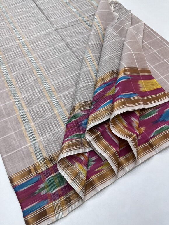 Pure cotton checked pattern sarees with Ikkat border in Half white with Crème color