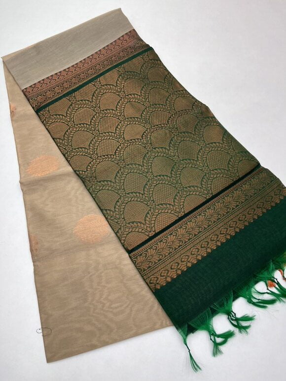 Handloom Kora Silk Cotton Saree in beige  with Dark Green