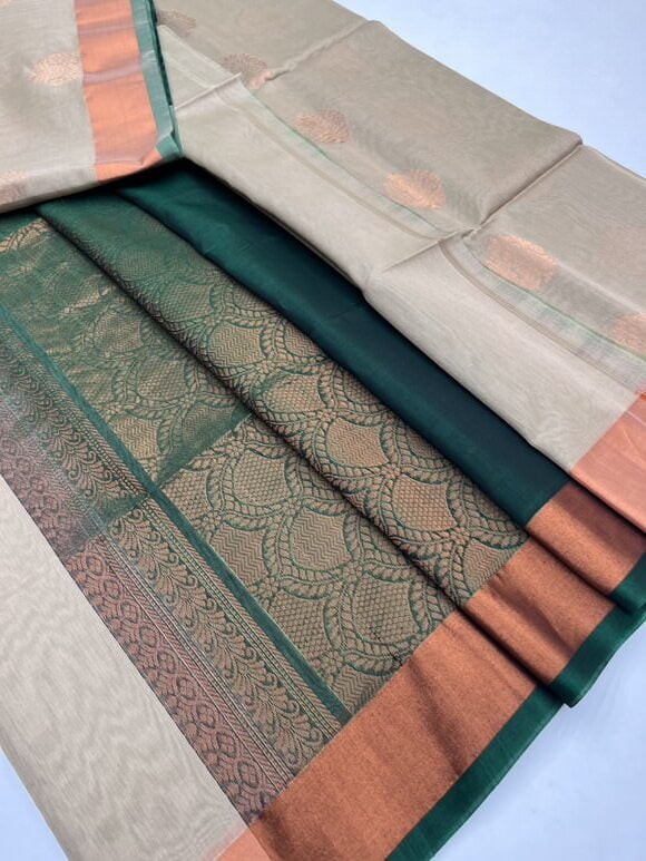 Handloom Kora Silk Cotton Saree in beige  with Dark Green