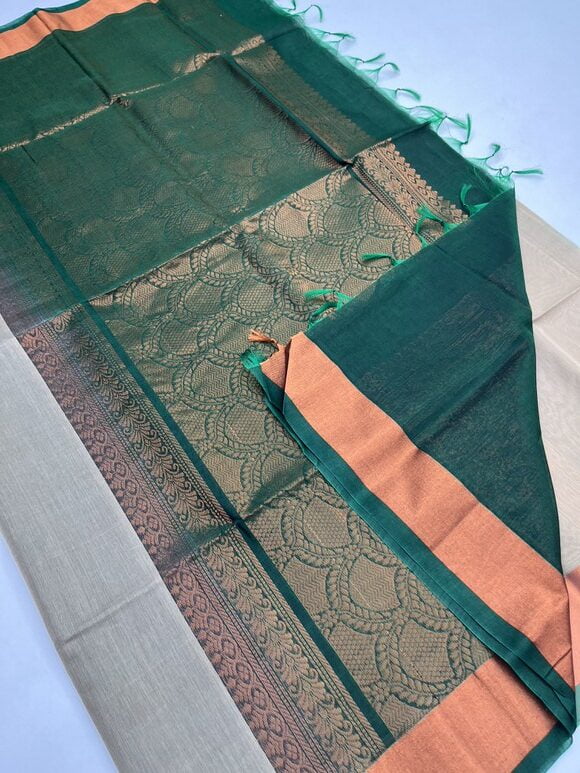 Handloom Kora Silk Cotton Saree in beige  with Dark Green