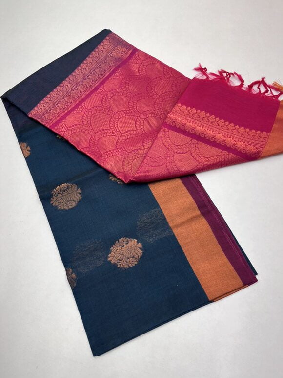 Handloom Kora Silk Cotton Saree in Peacock Blue with Rani Pink