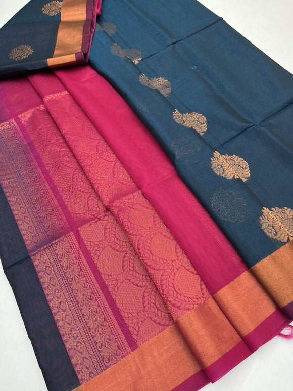 Handloom Kora Silk Cotton Saree in Peacock Blue with Rani Pink