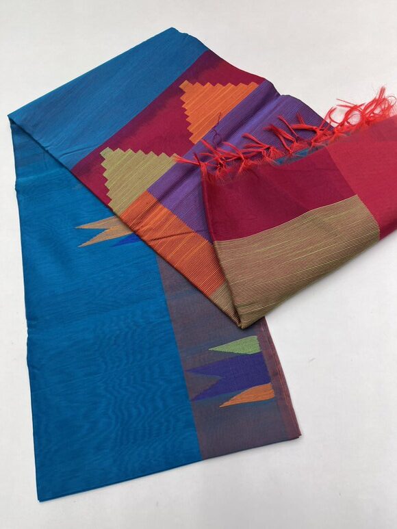 Handloom Kora Silk Cotton Saree in copper sulphate with Rani pink