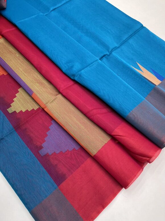 Handloom Kora Silk Cotton Saree in copper sulphate with Rani pink