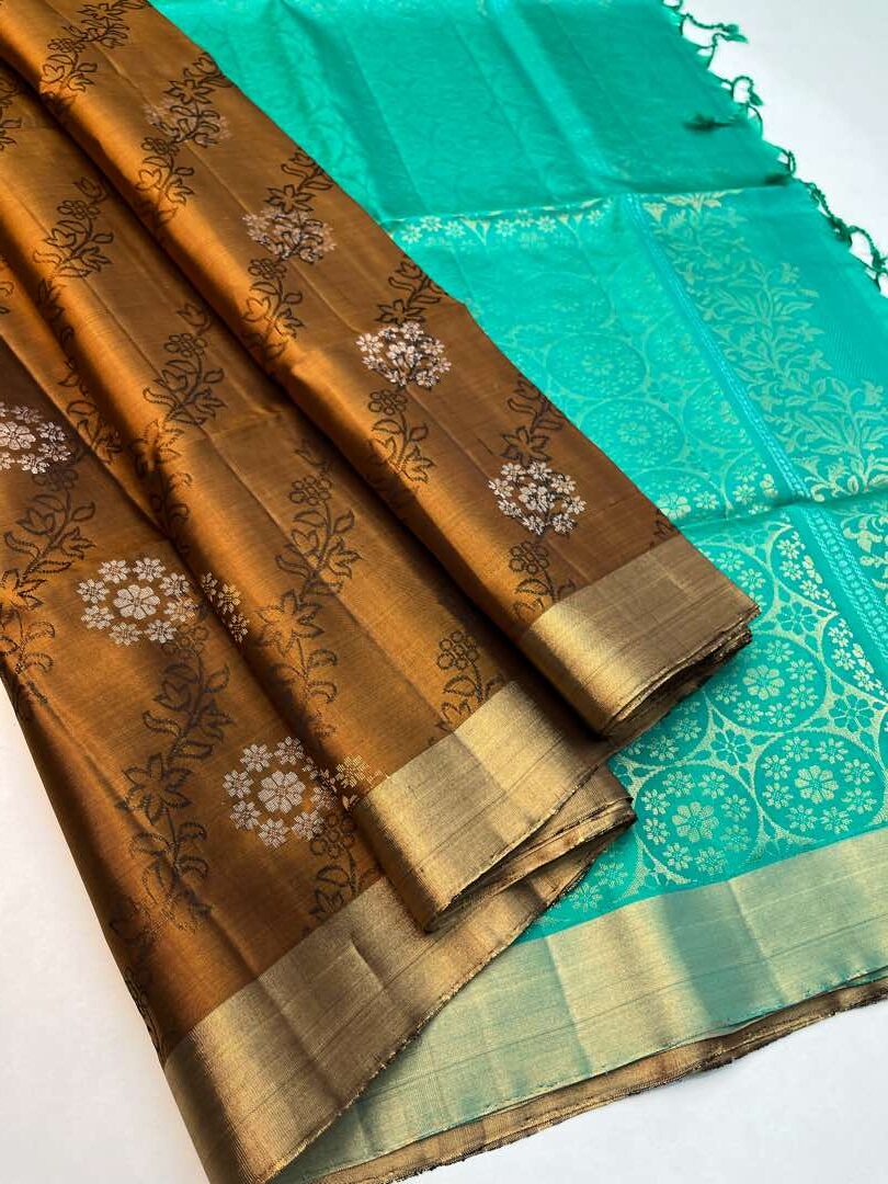 Beautiful Handloom Pure Soft Silk Empose Design Saree Brown with Ramar Green