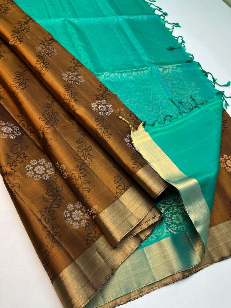 Beautiful Handloom Pure Soft Silk Empose Design Saree Brown with Ramar Green